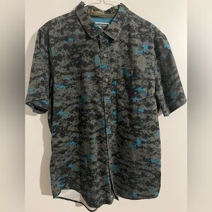 Large Modern Amusement Camouflage Button Down Shirt - Black,Grey with Turquoise